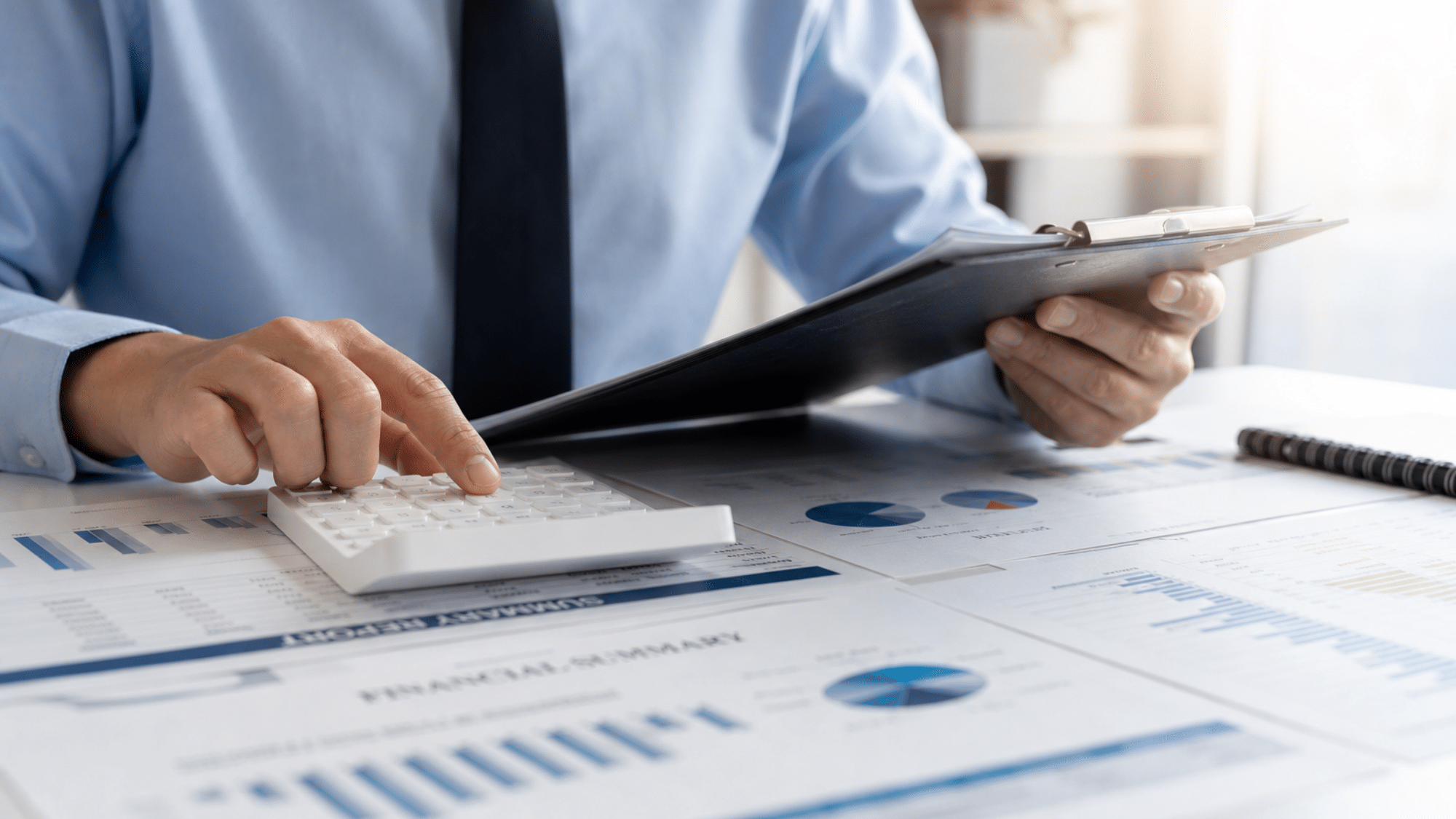 A financial professional reviewing reports and using a calculator, representing tax planning and compliance.