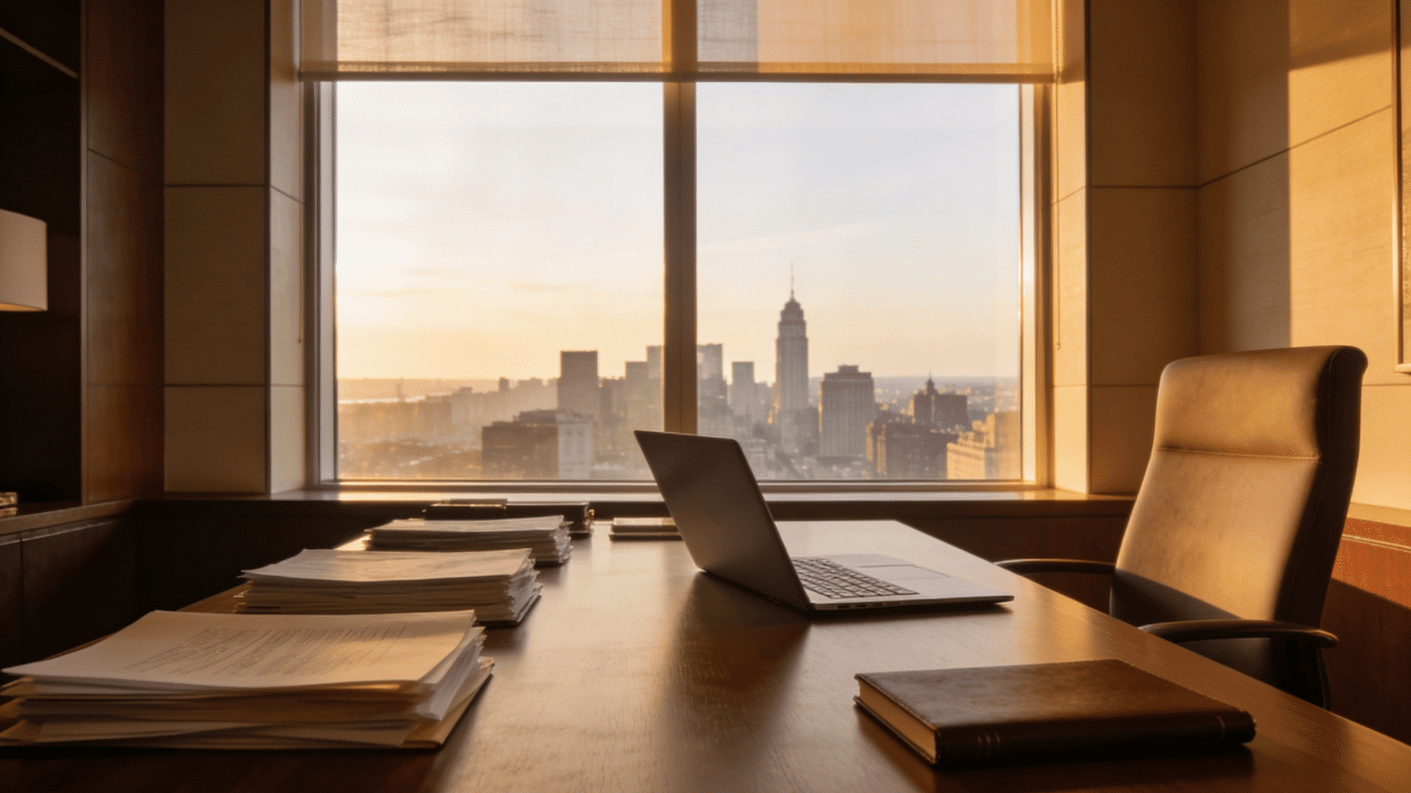 A laptop and stacked documents sit on a large wooden desk in a warm office with a city skyline view at sunset