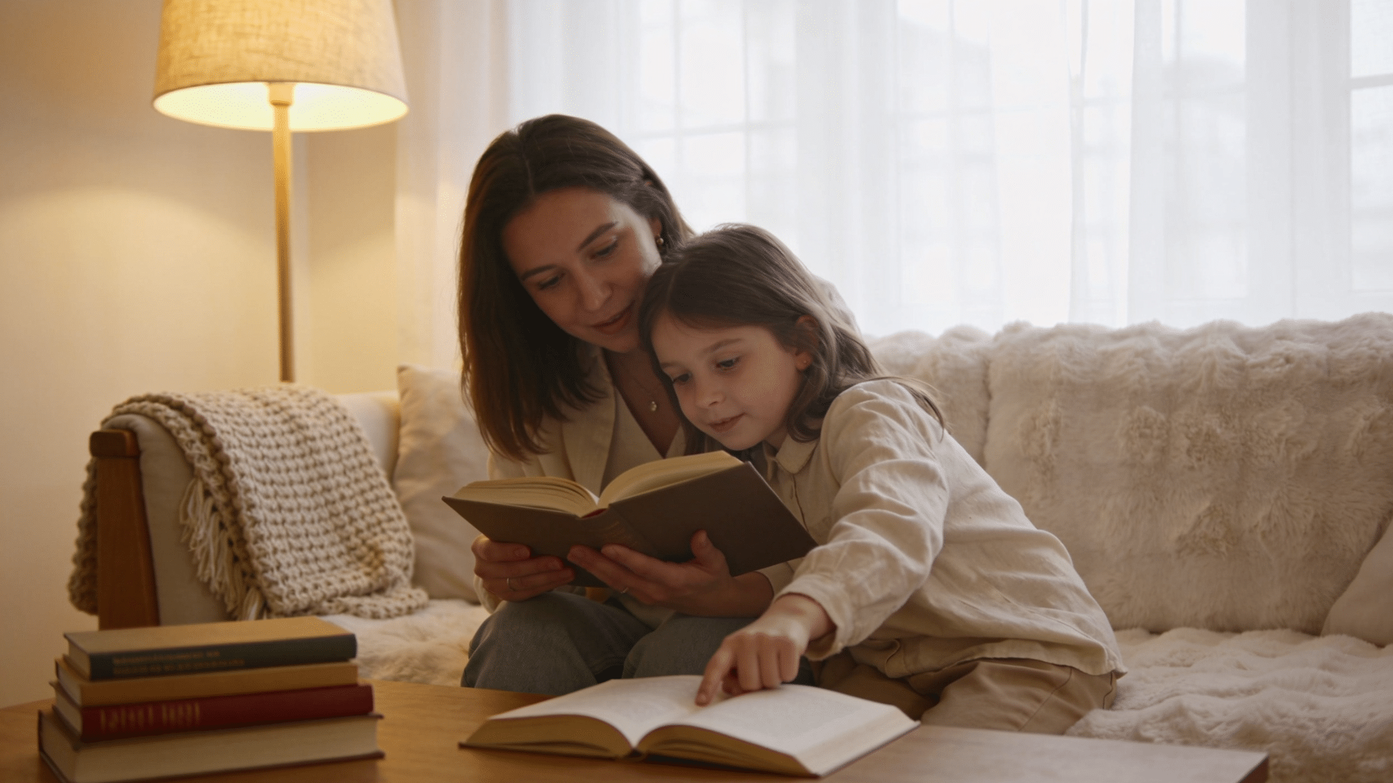 A mother reading with her child in a cozy living room, showing parent support for a dyslexic child at home.
