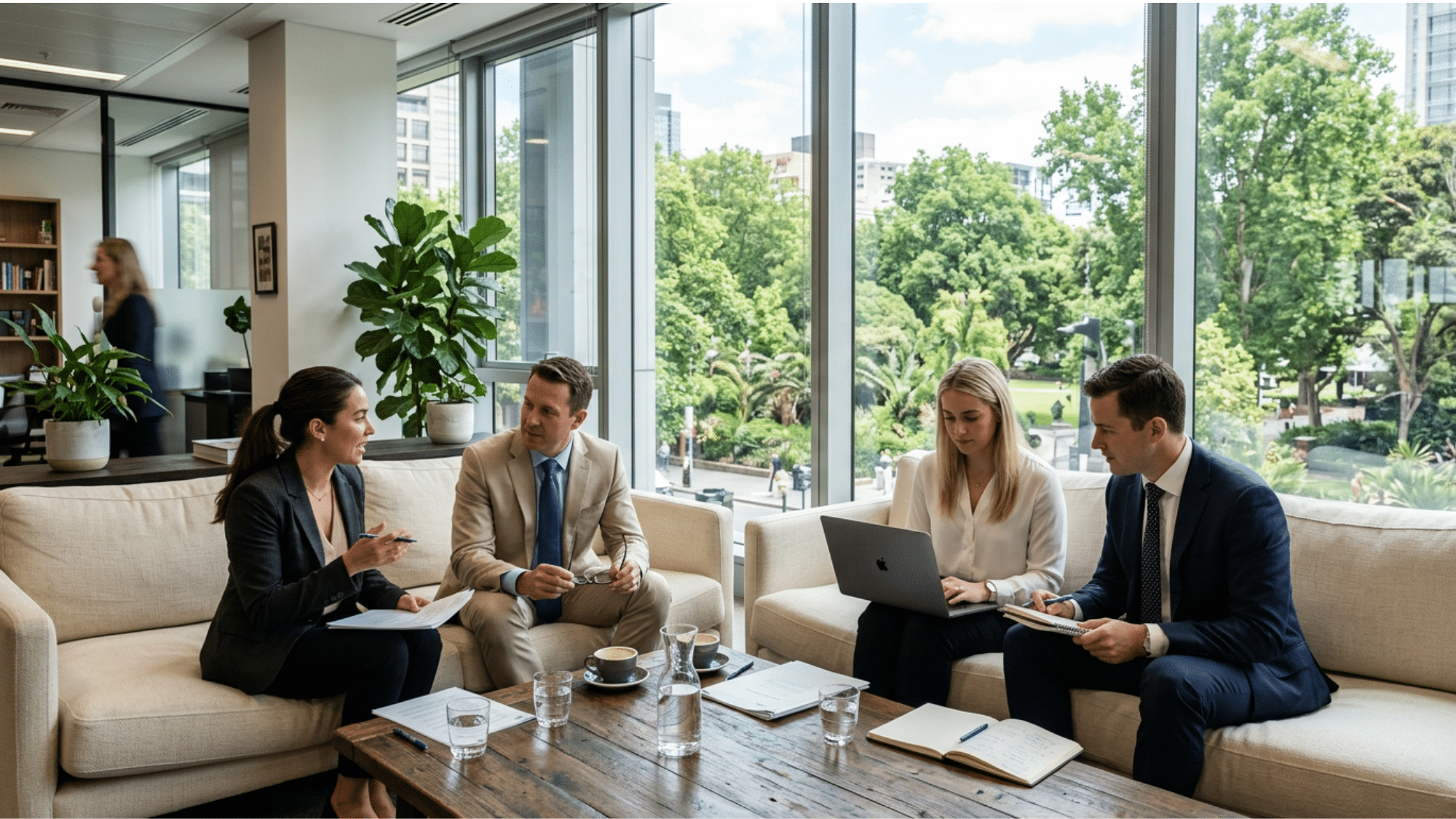A team of financial professionals discussing family governance and legacy planning in a modern office setting.