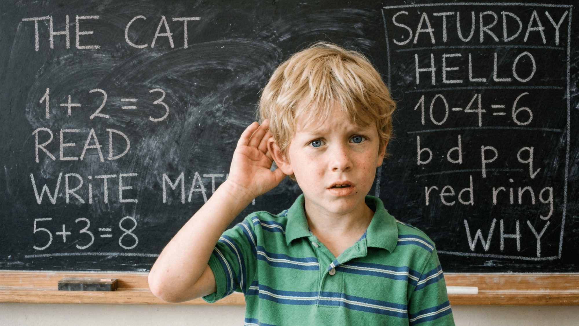 A young boy looking confused in front of a classroom chalkboard with mixed-up words, letters, and numbers, representing common signs of dyslexia in children.