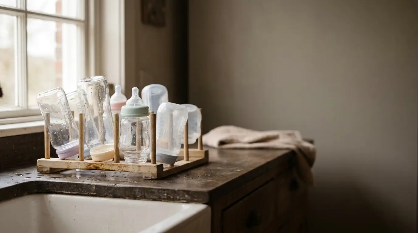Baby bottles drying on wooden rack in kitchen with natural light and stone countertop