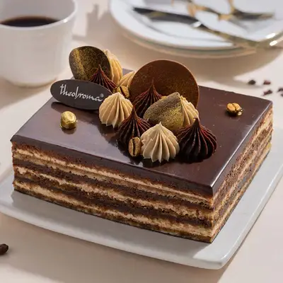 Layered chocolate coffee cake with decorative icing on white plate beside coffee cup
