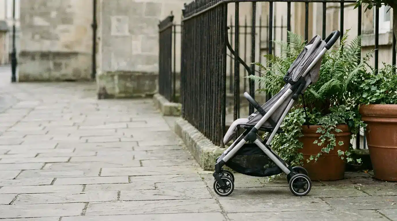 Gray stroller parked on cobblestone sidewalk near building and potted plants