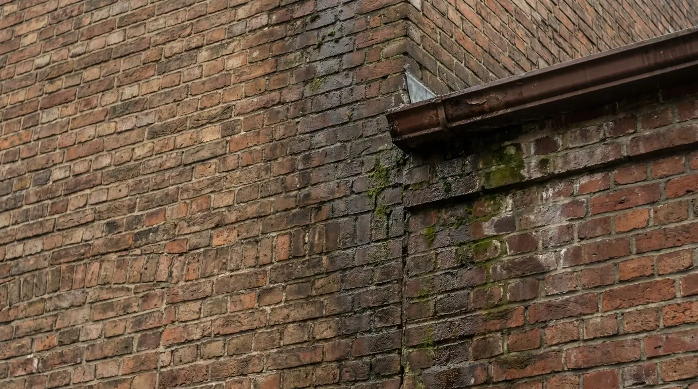 Aged brick wall with moss and rusted gutter in an outdoor urban setting