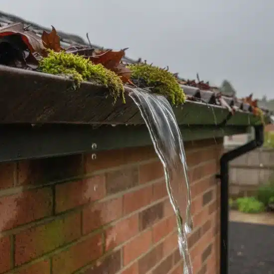 Overflowing rainwater and leaves in clogged gutter on rainy day outside brick building