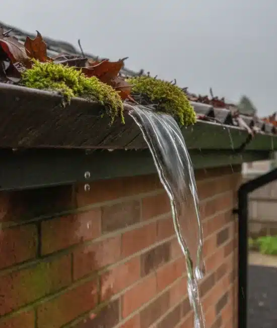 Overflowing rainwater and leaves in clogged gutter on rainy day outside brick building