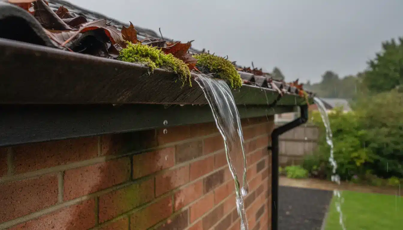 Overflowing rainwater and leaves in clogged gutter on rainy day outside brick building
