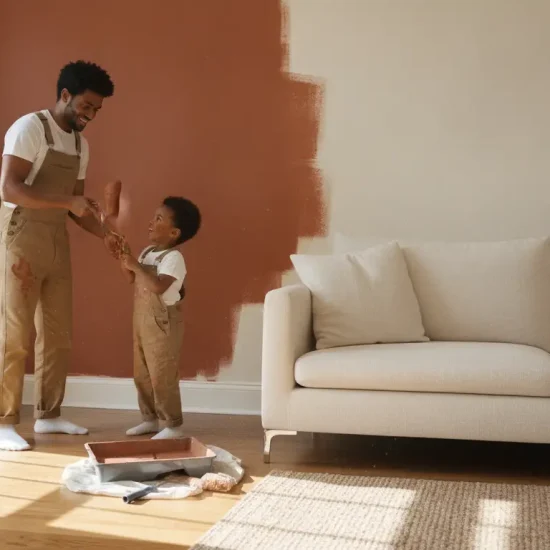 Father and son painting wall terracotta in bright living room with beige sofa and potted plant