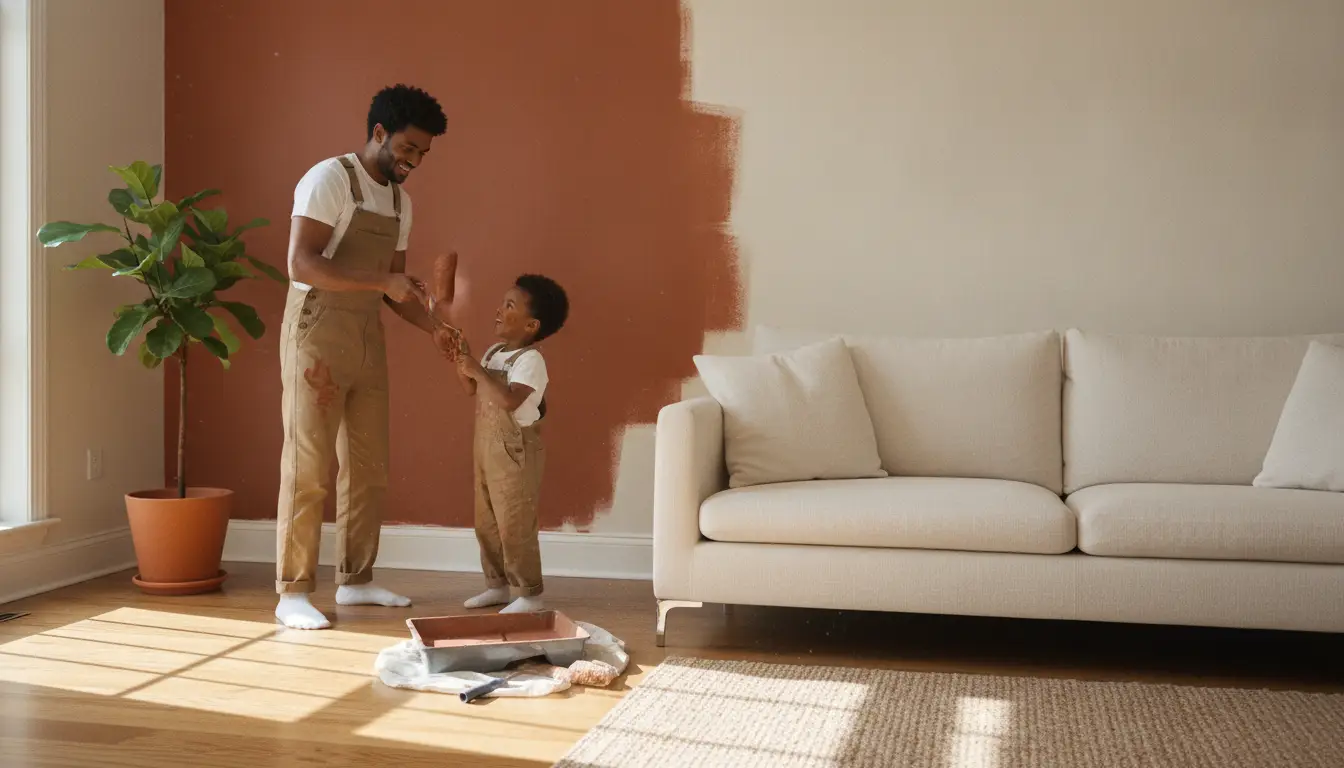 Father and son painting wall terracotta in bright living room with beige sofa and potted plant
