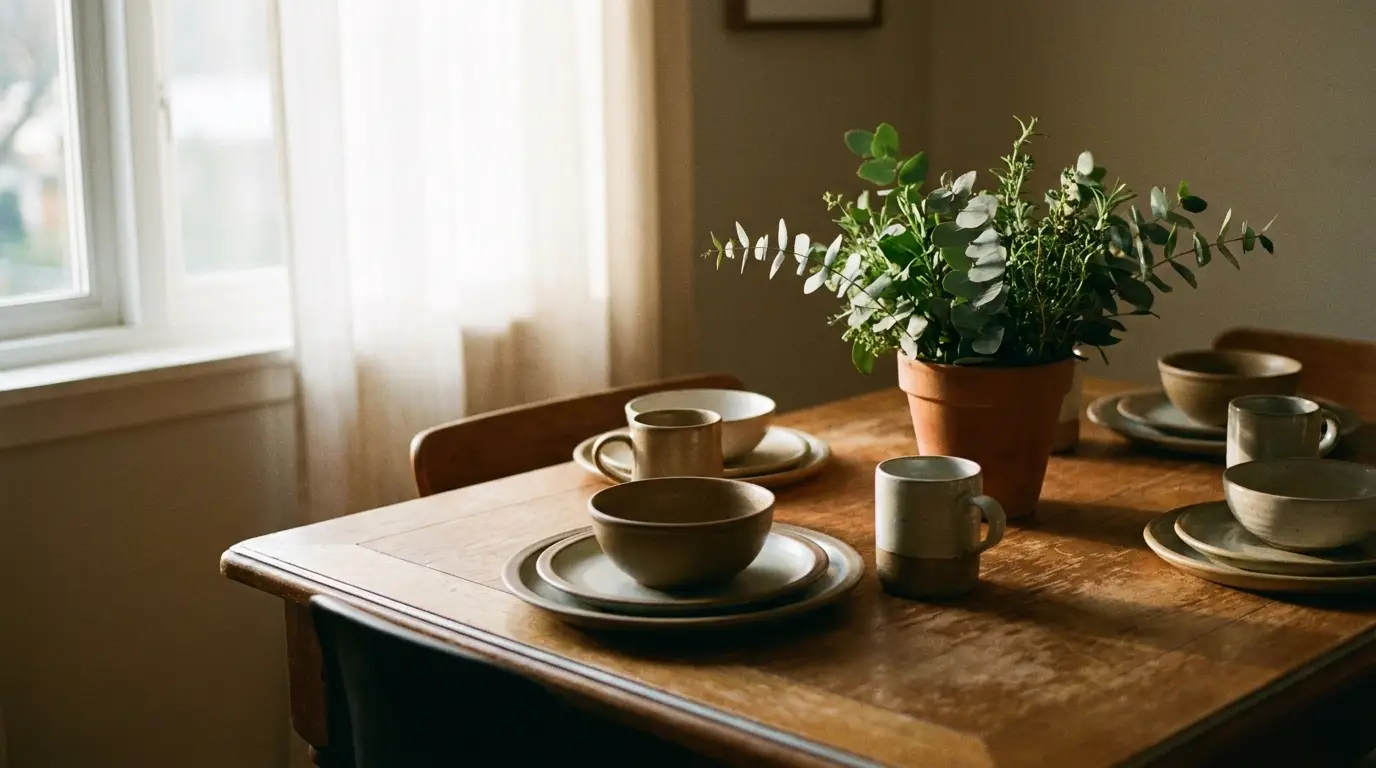 Cozy dining table with stoneware mugs and bowls, potted plant centerpiece, in natural daylight