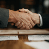 Two professionals in suits shake hands over a desk with signed documents, representing a family office services agreement.