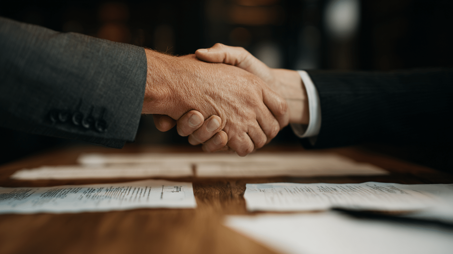 Two professionals in suits shake hands over a desk with signed documents, representing a family office services agreement.