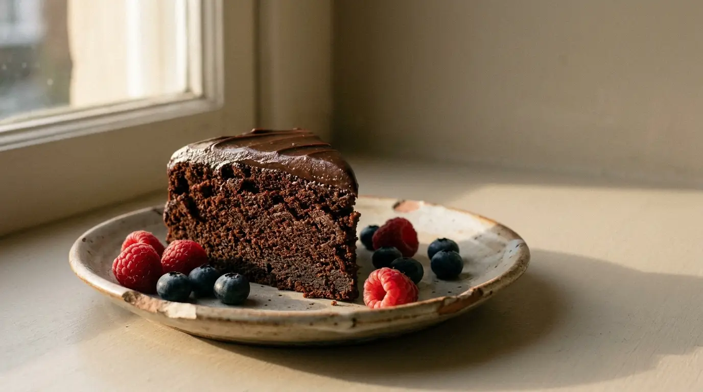 Chocolate cake slice with raspberries and blueberries on a ceramic plate near a sunlit window