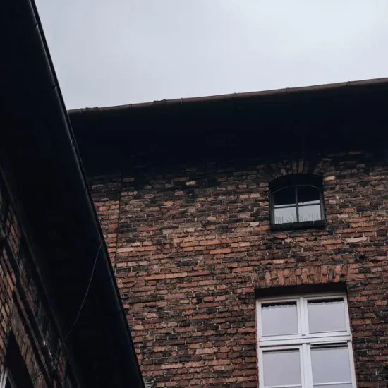Brick building facade with arched windows under overcast sky