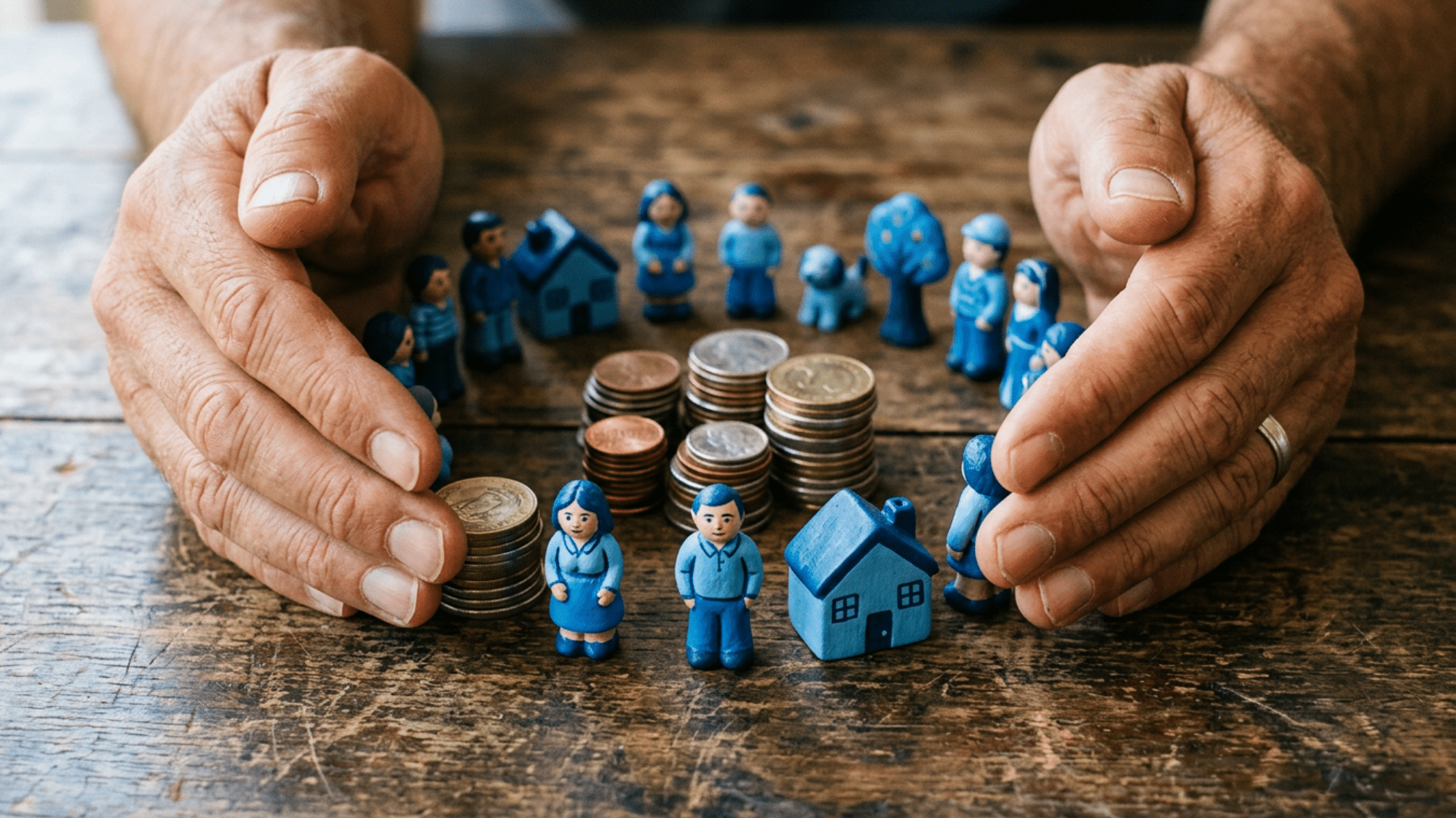 Hands protecting family figurines, coins, and home models, representing lifestyle management, family wealth, and financial planning.