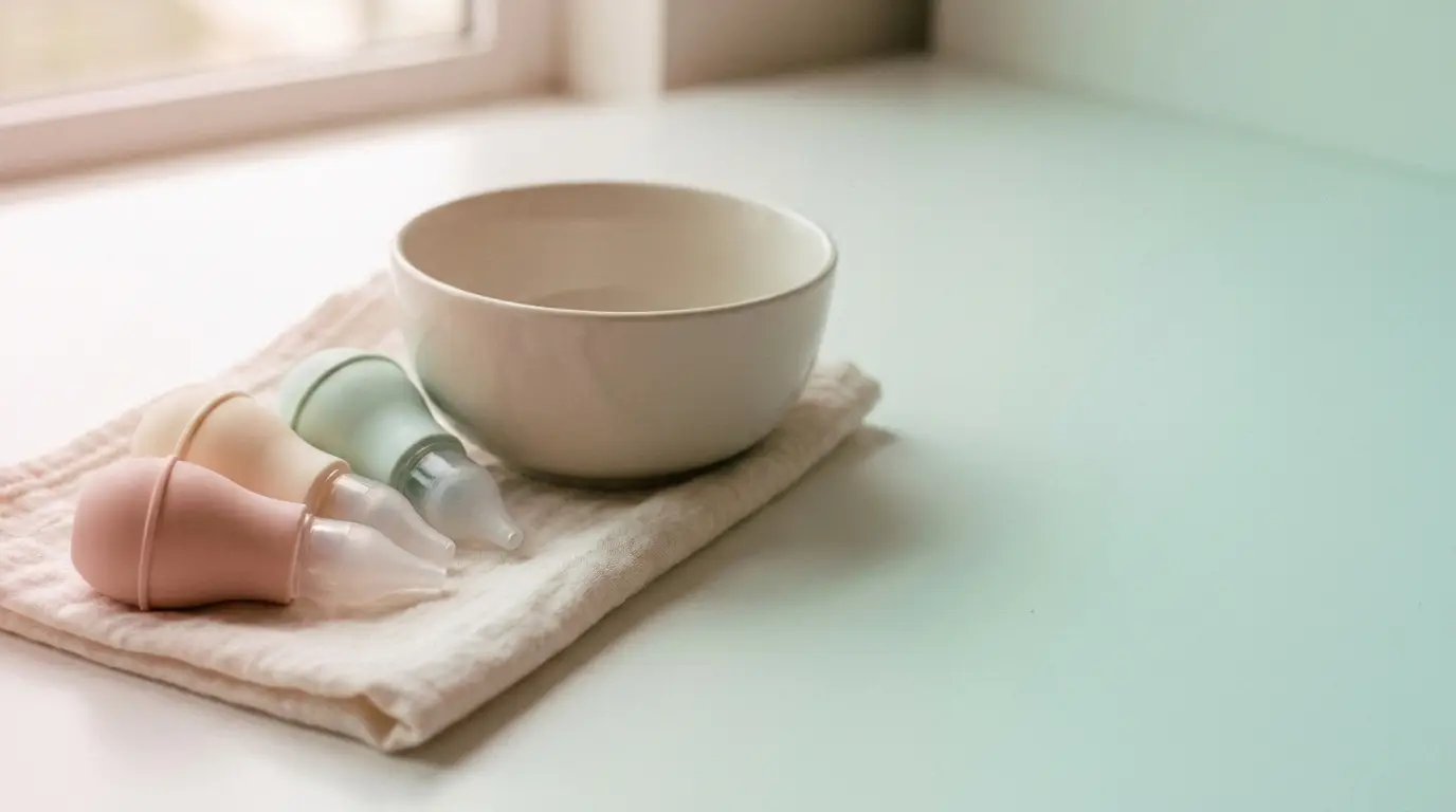 Soft-colored baby nasal aspirators beside a white bowl on a towel in a bright setting
