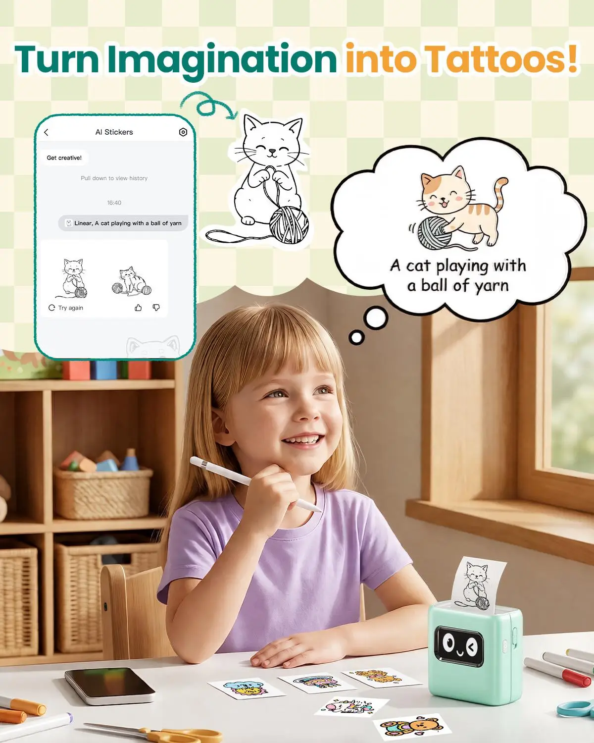 Young girl using drawing tablet and cute printer with cartoon stickers in a playroom