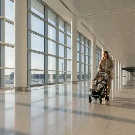 Woman pushing stroller in spacious airport terminal with large windows and natural light