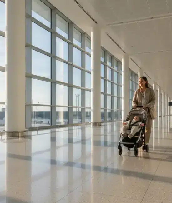 Woman pushing stroller in spacious airport terminal with large windows and natural light