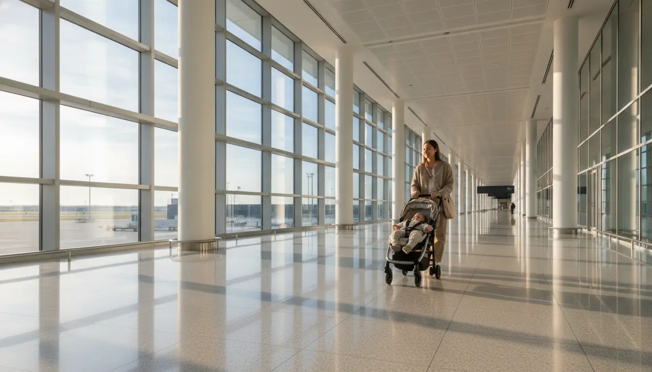 Woman pushing stroller in spacious airport terminal with large windows and natural light