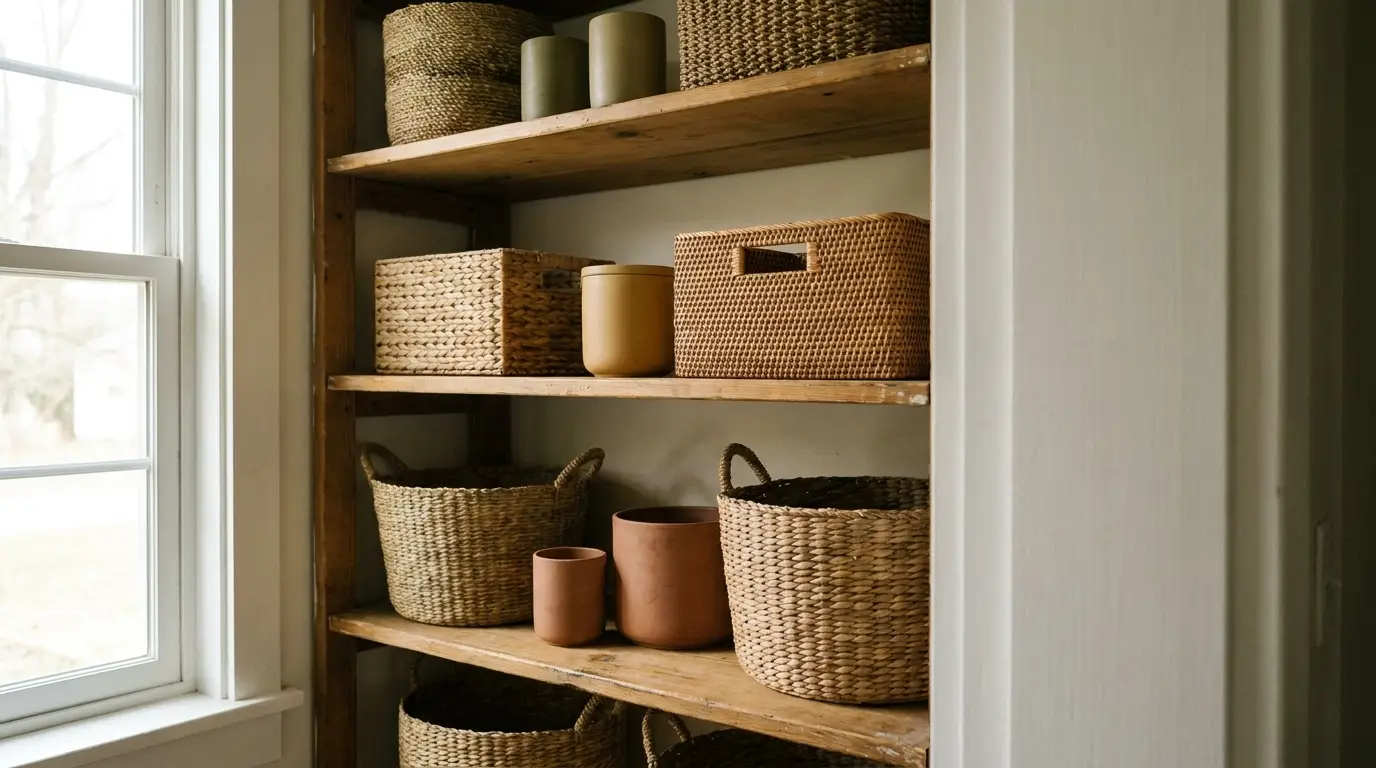 Wooden shelves with woven baskets and ceramic pots in a bright, natural light setting