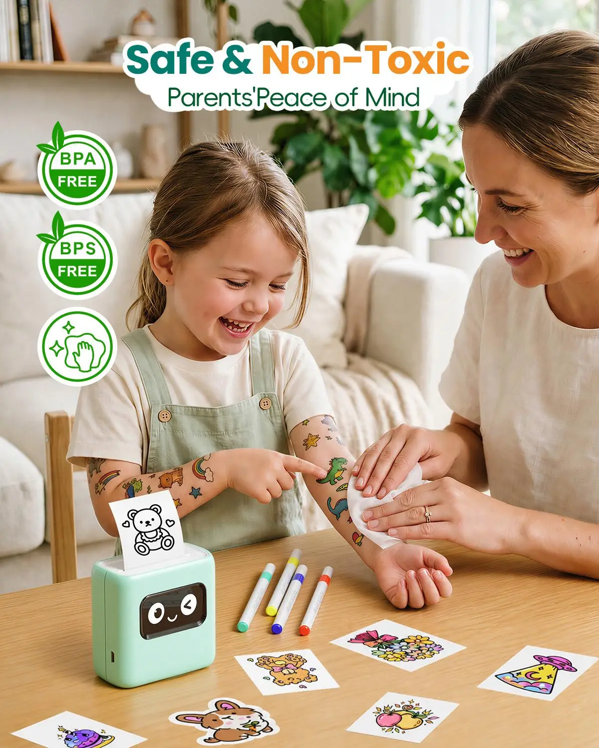 Child and adult applying temporary tattoos at wooden table with colorful markers