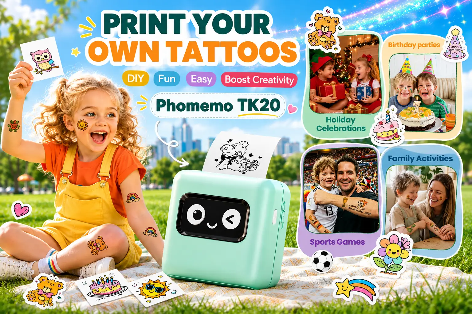 Child with temporary tattoos sitting on grass next to a cute green printer