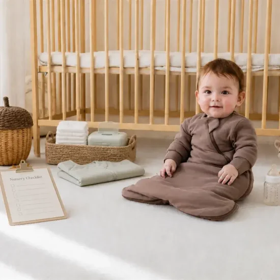 Baby in brown sleep sack sitting on carpeted nursery floor with wooden crib and toys