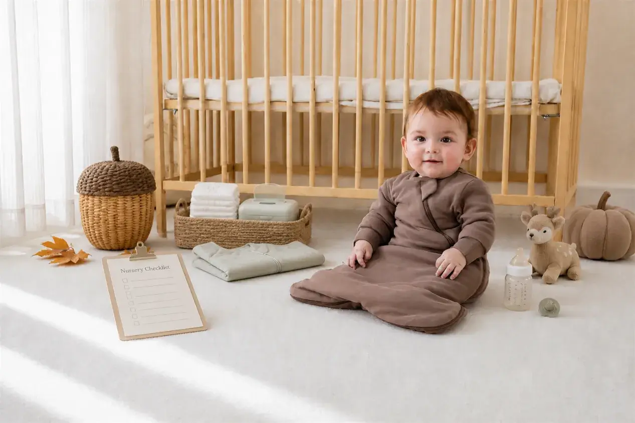 Baby in brown sleep sack sitting on carpeted nursery floor with wooden crib and toys