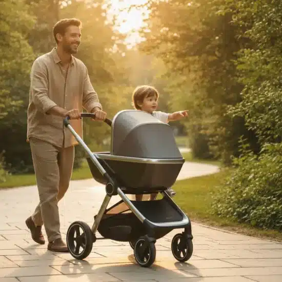 Man pushing stroller with child in sunlit park pathway surrounded by greenery