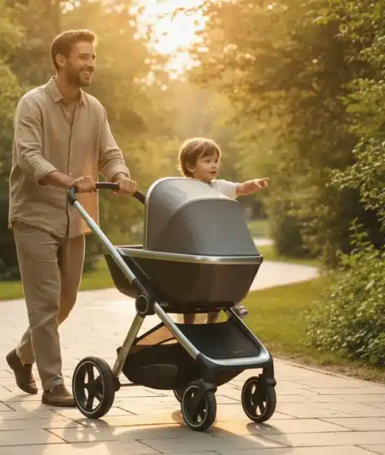 Man pushing stroller with child in sunlit park pathway surrounded by greenery