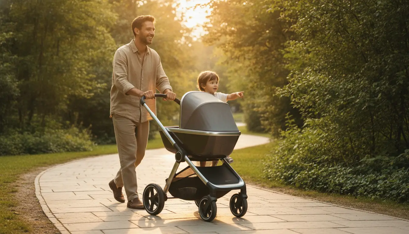 Man pushing stroller with child in sunlit park pathway surrounded by greenery