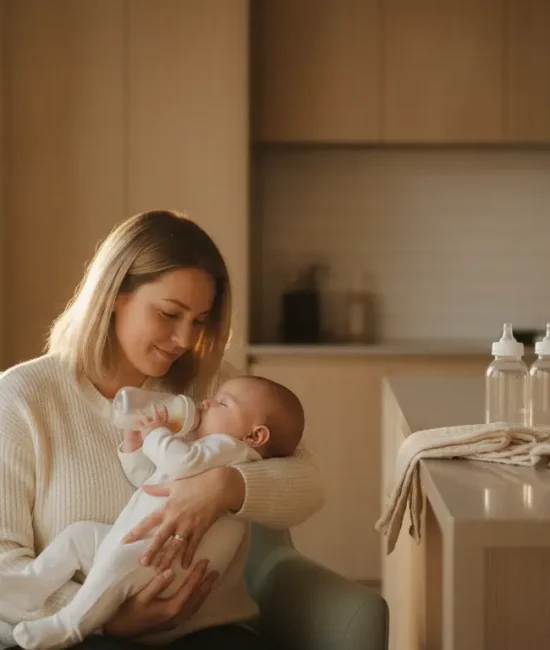 Mother bottle-feeding baby in cozy kitchen with soft lighting and pacifiers on counter