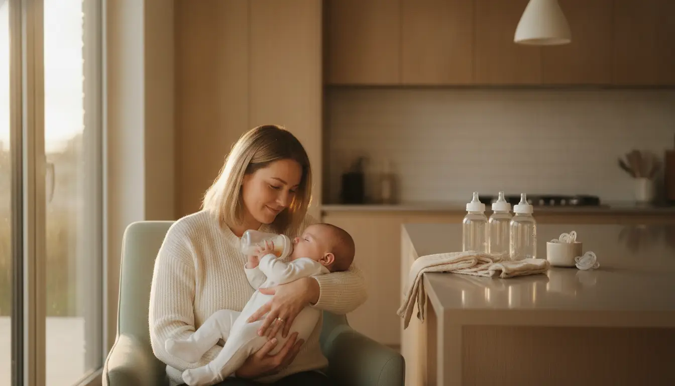 Mother bottle-feeding baby in cozy kitchen with soft lighting and pacifiers on counter
