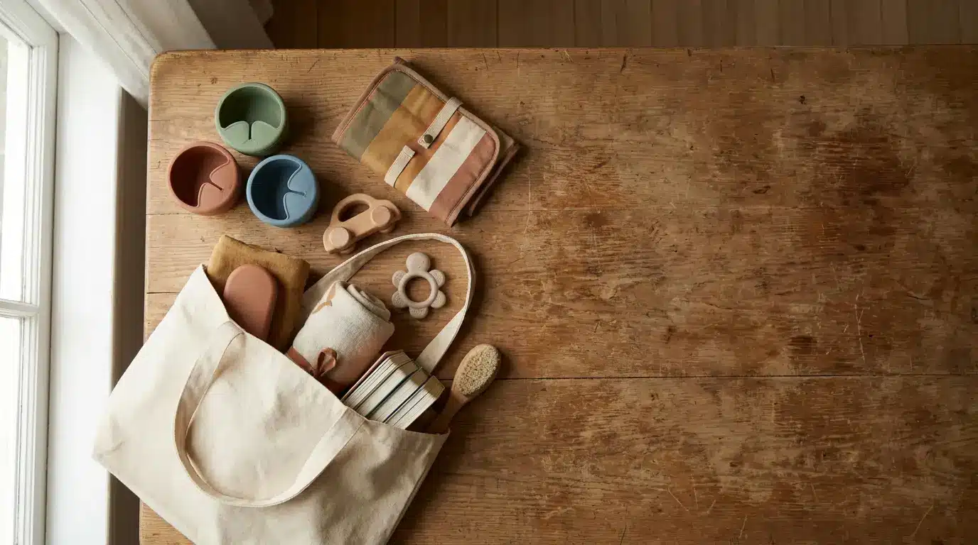 Canvas tote with baby items and toys on rustic wooden table