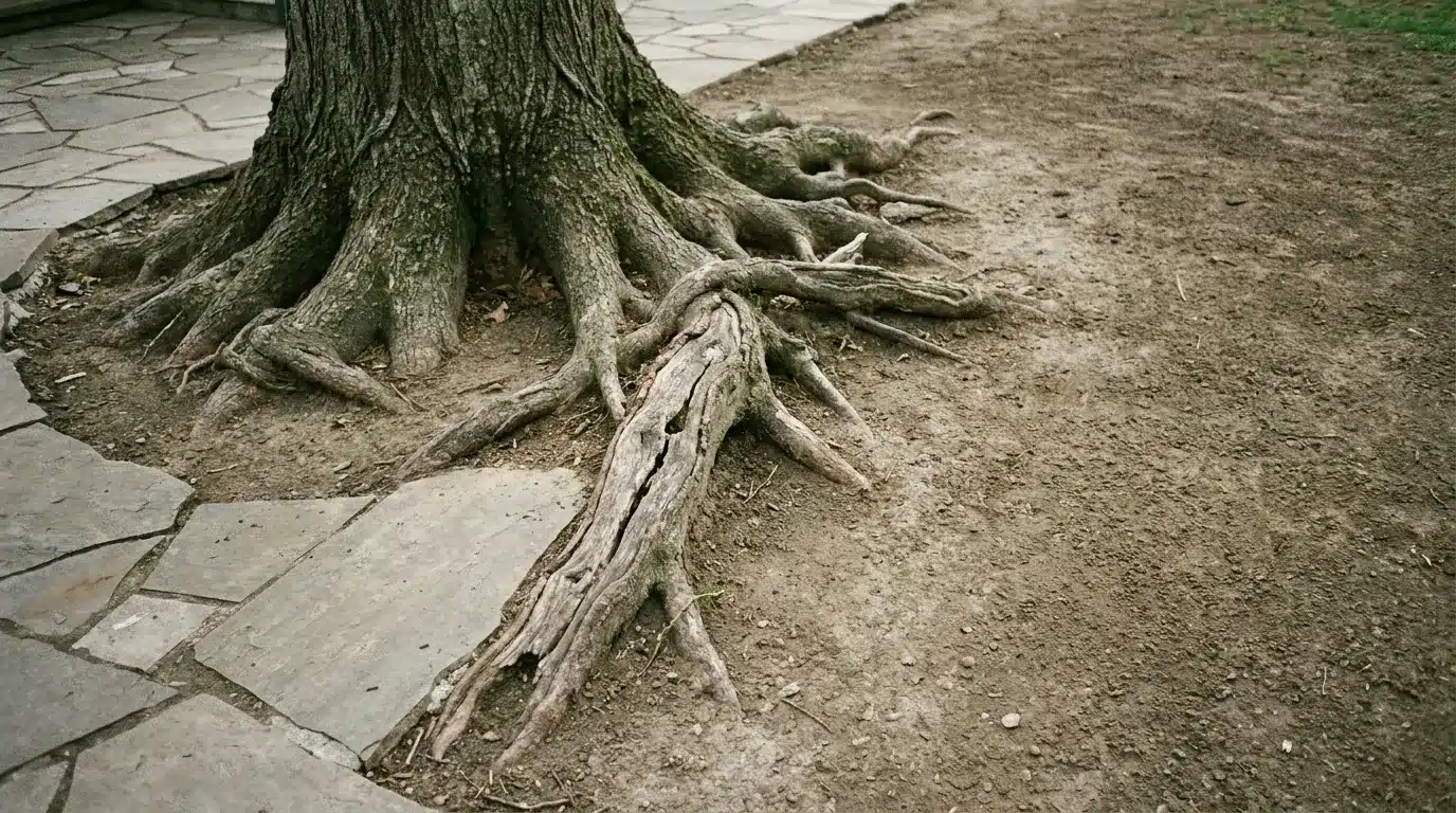 Tree roots sprawling on dirt and stone path in outdoor setting
