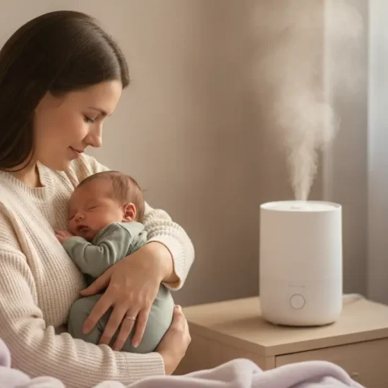 Mother cradling sleeping baby beside humidifier on wooden nightstand in softly lit bedroom