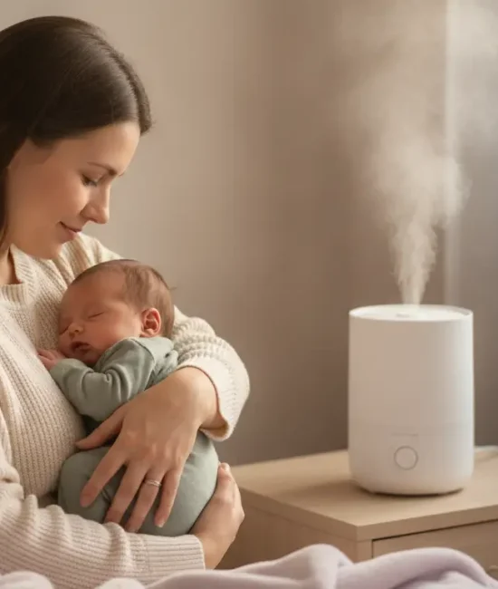 Mother cradling sleeping baby beside humidifier on wooden nightstand in softly lit bedroom