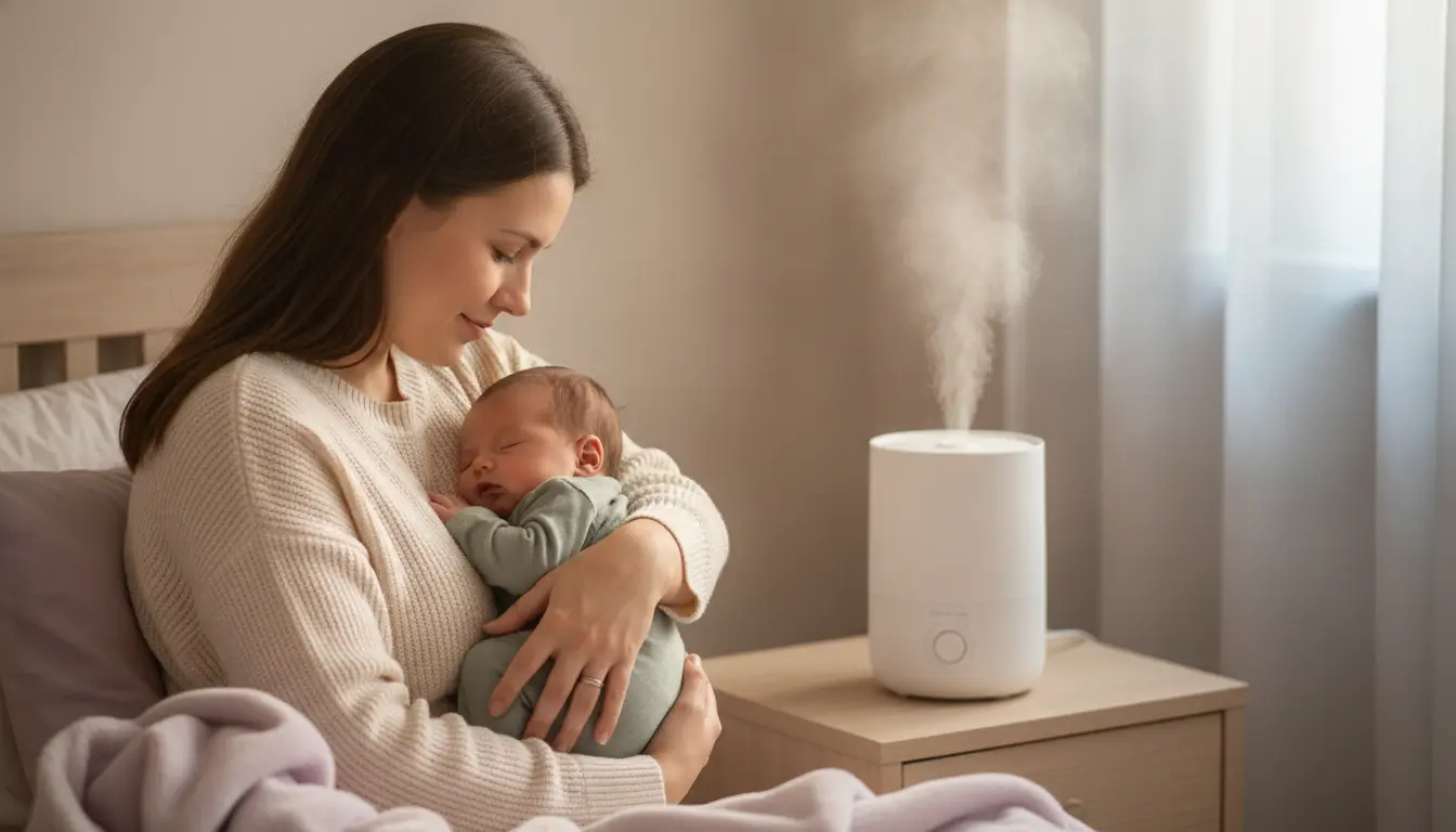 Mother cradling sleeping baby beside humidifier on wooden nightstand in softly lit bedroom