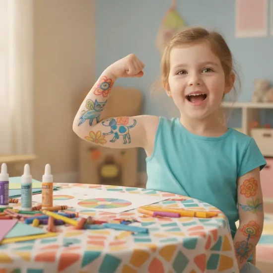 Child with colorful temporary tattoos at art table in bright playroom