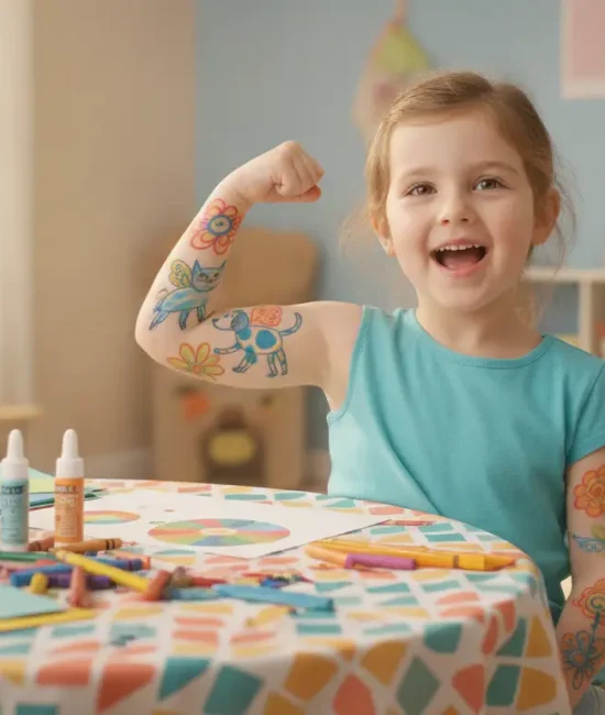 Child with colorful temporary tattoos at art table in bright playroom