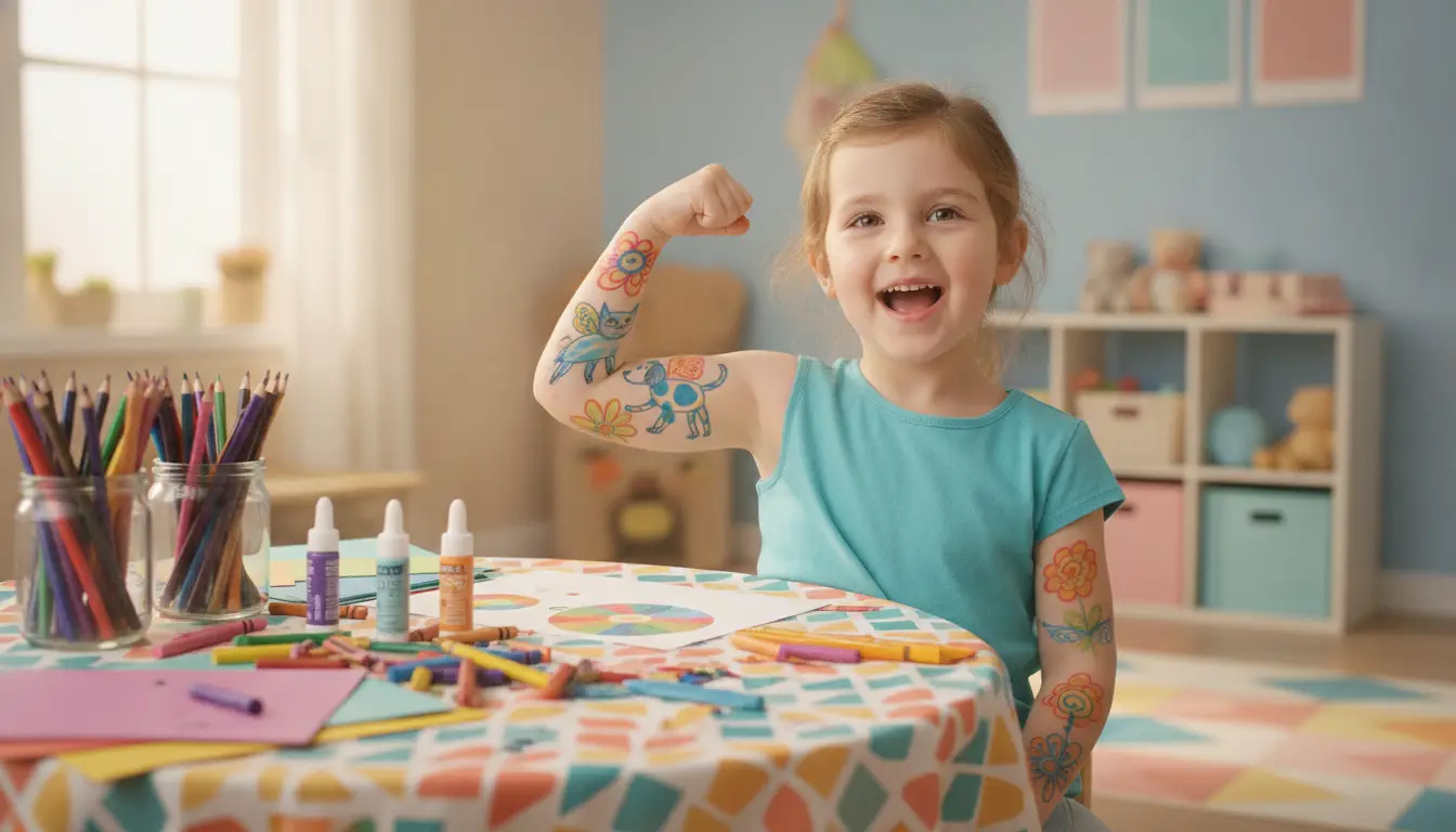 Child with colorful temporary tattoos at art table in bright playroom