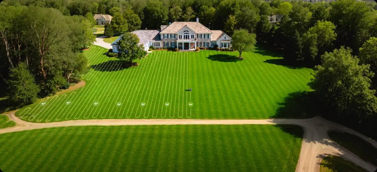 Expansive green lawn with irrigation lines in front of large country house surrounded by trees
