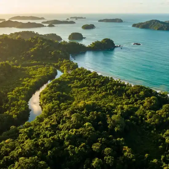 Lush tropical coastline with dense rainforest and calm ocean water under warm sunlight