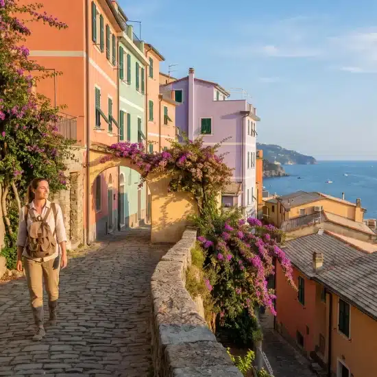 Traveler walking along cobblestone path beside colorful buildings and sea view in coastal village