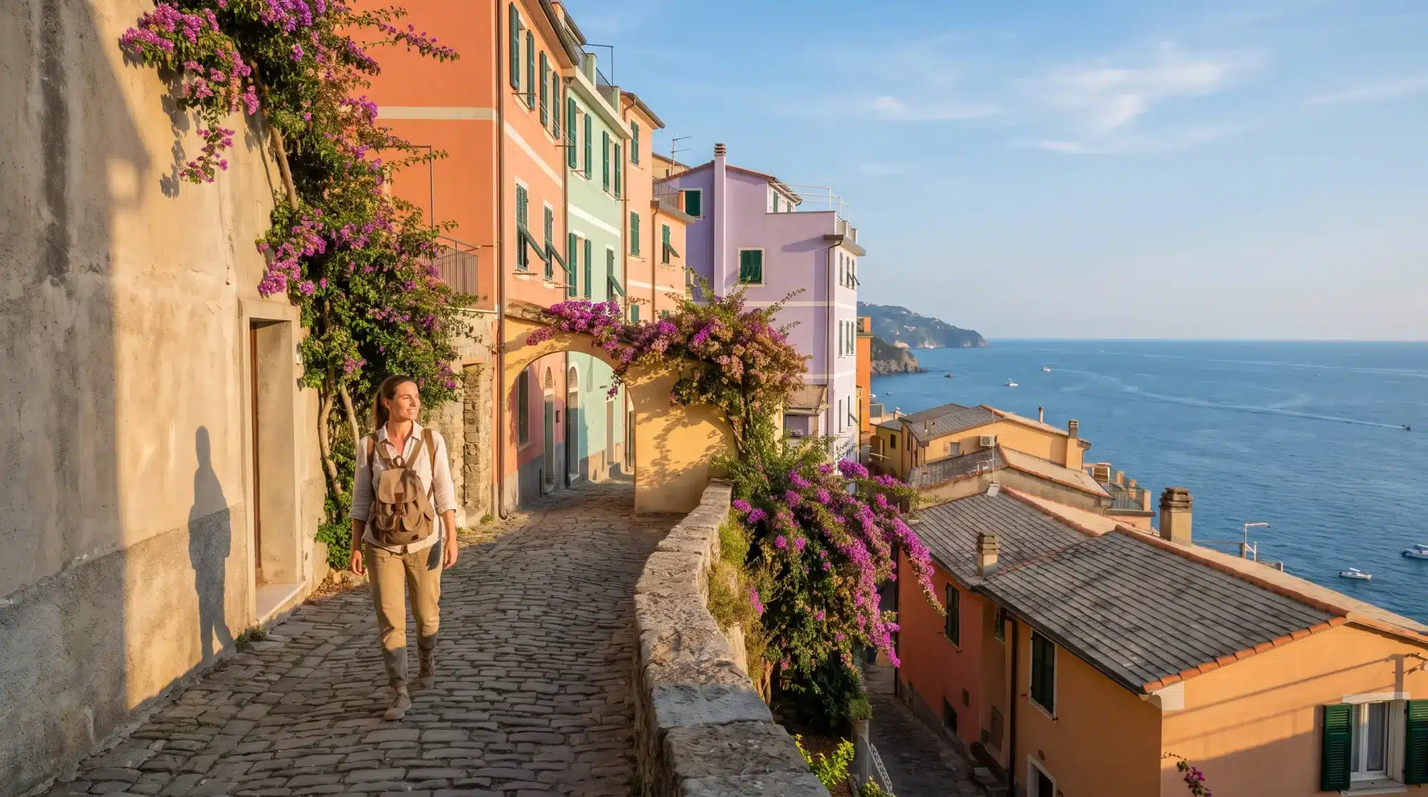 Traveler walking along cobblestone path beside colorful buildings and sea view in coastal village