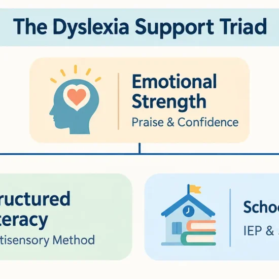 Infographic diagram illustrating key elements of dyslexia support with books and icons