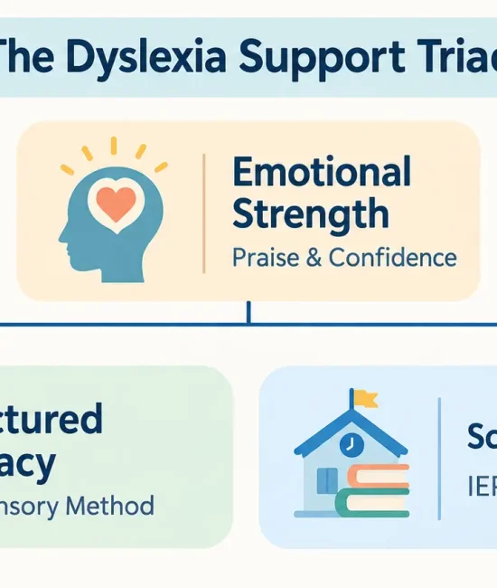 Infographic diagram illustrating key elements of dyslexia support with books and icons