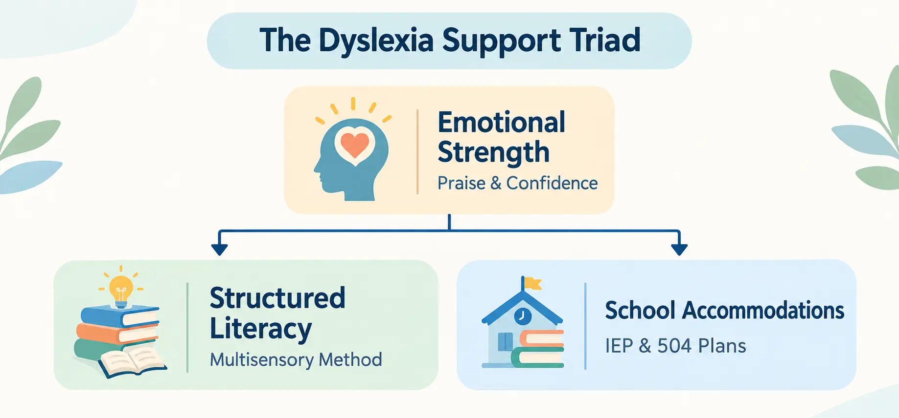 Infographic diagram illustrating key elements of dyslexia support with books and icons